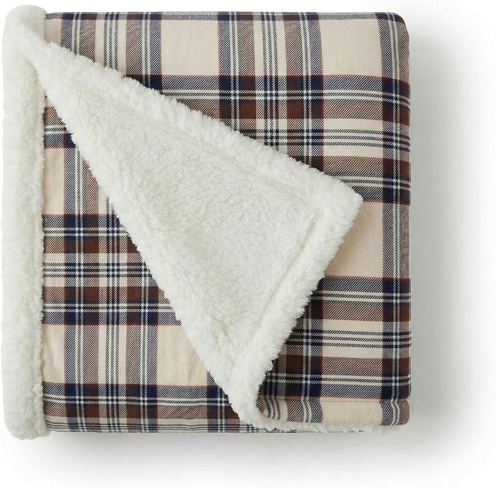 Eddie Bauer Edgewood Plaid Sherpa Throw Blanket 50x60 Flannel Fleece New